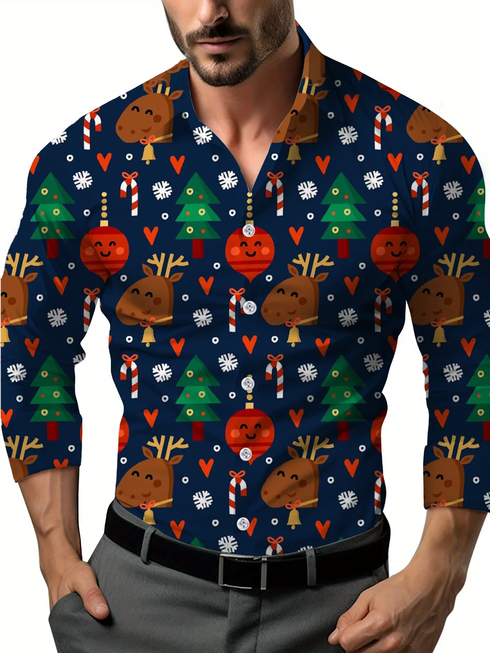 New Men's Spring Autumn Trend Fashion Shirt For Christmas Party Carnival Casual Digital Print Lapel Polo Shirt Long Sleeve Shirt