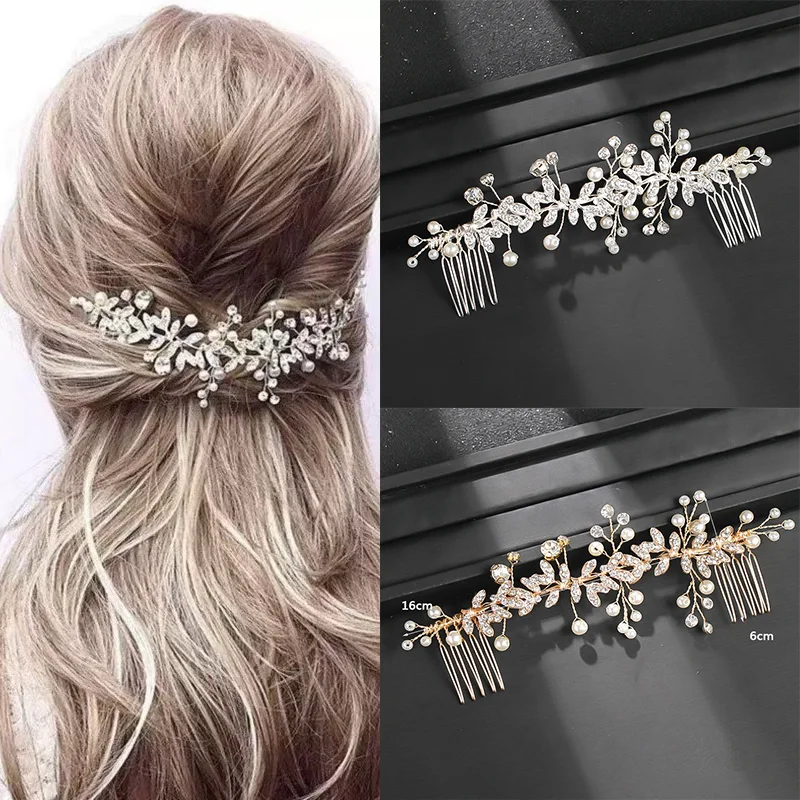 Wedding Bride Crystal Leaf Hair Comb Women Bride Pearl Clips Headdresses Party Wedding Head Hairpin Jewel HLHH04
