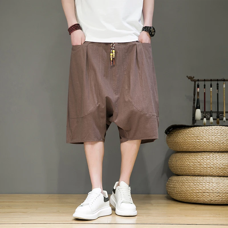 2024 New Summer Men Harajuku Harem Shorts Retro Chinese Style Cotton Linen Short Joggers Man Solid Loose Large SizeTrousers