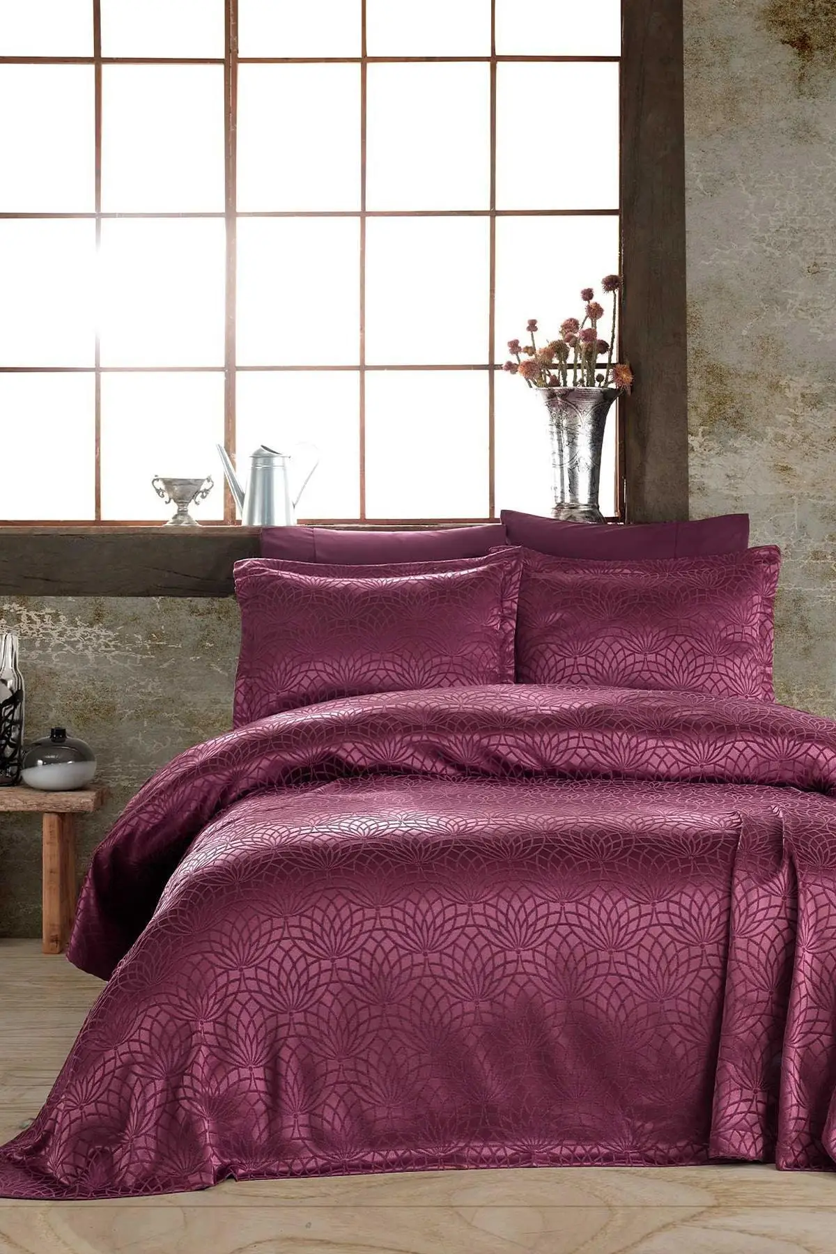 

3 Pcs 100% Cotton Quilt Bedspread Coverlet- Plum Comforter Bedding Cover , Premium Quality & Soft, Oversize 240*250cm Pillowcase