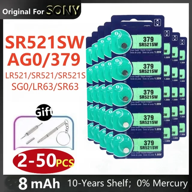 زر أصلي لسوني ، خلية عملة قلوية ، بطارية أوكسيد واتش ، LR521 ، AG0 ، SR521SW ، 379A ، أنتيا ، D379 ، SR63 ، LR521 ، بطاريات 2-50