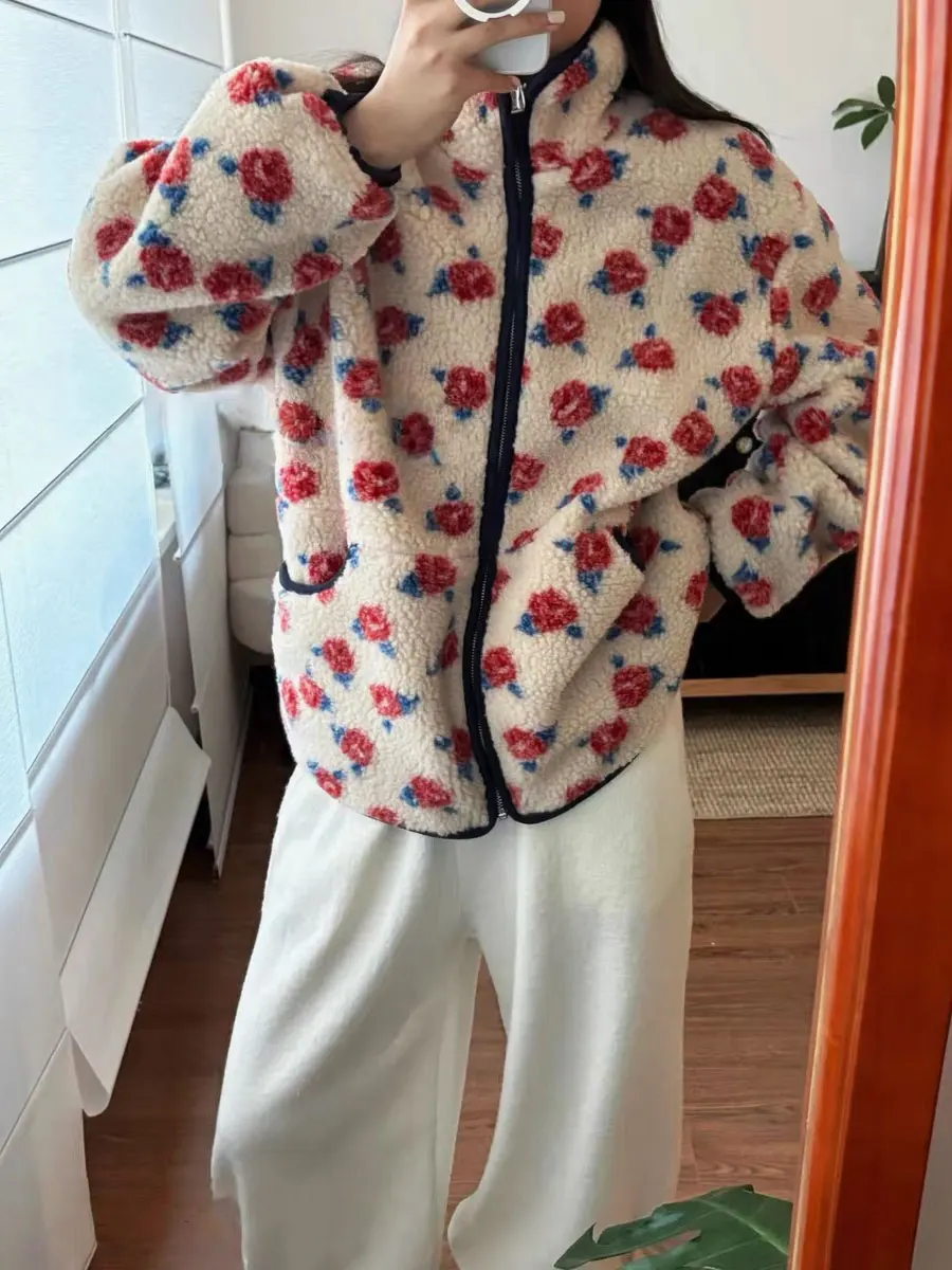 

Autumn Winter New Sle Women's Thiened Fce Rose Collar Zipper Coat Loose Outerwear Warm Soft Floral Print Long Sve Top