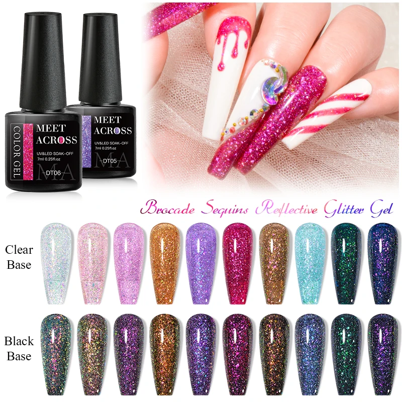 MEET ACROSS 7ml Reflective Glitter Gel Nail Polish Sparkling Flash Effect Gel Nail Art Sequins Liquid Semi Permanent Color Gel