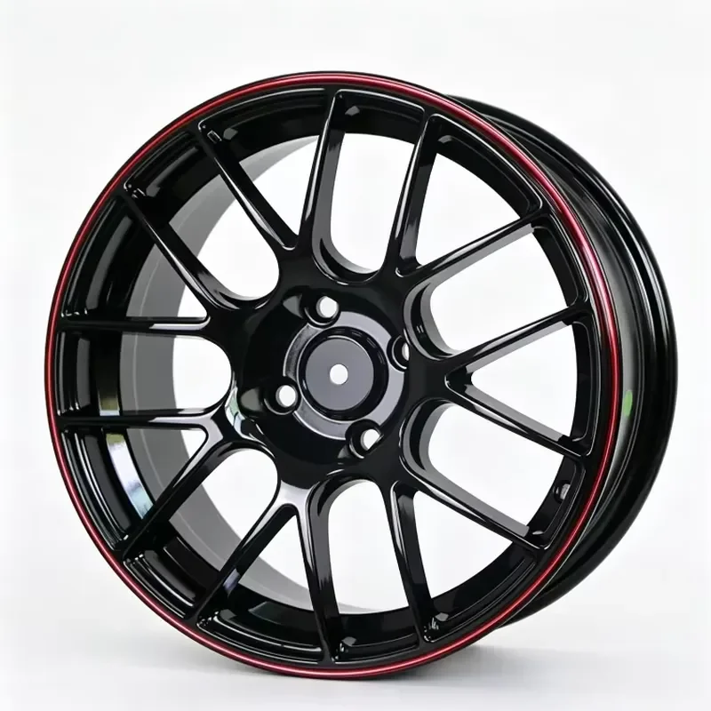 J 15-Inch Fujilu Forged Aluminium Alloy 4-Hole Japanese-Korean-German-American Style Car Wheel Hub Black Rim Red Circle Model
