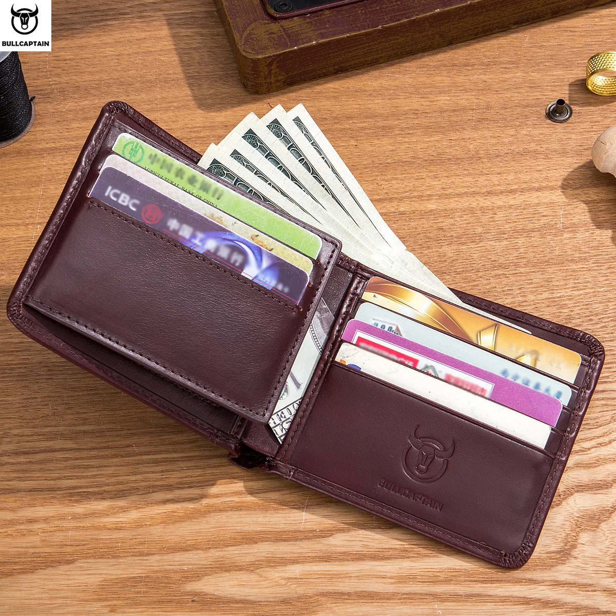 Bullcaptain กระเป๋าสตางค์ผู้ชาย, กระเป๋าสตางค์กระเป๋าใส่บัตรเครดิตพับสองทบแบบคลาสสิกแนวนอนแบบ QB031H