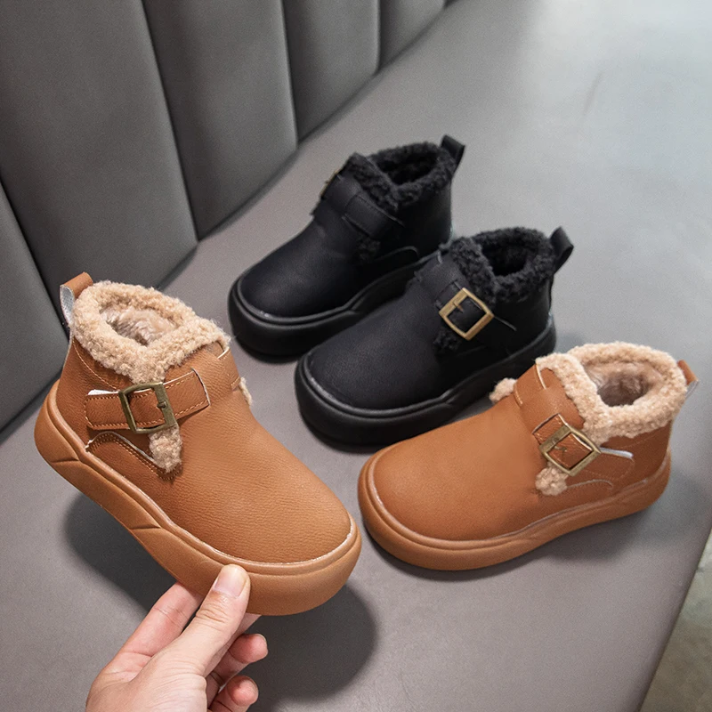 

Little Girls Warm Fleece Lined Boots with Buckle Strap 2025 New Winter Kid Platform Leather Boots Non-slip Comfort Daily Wear