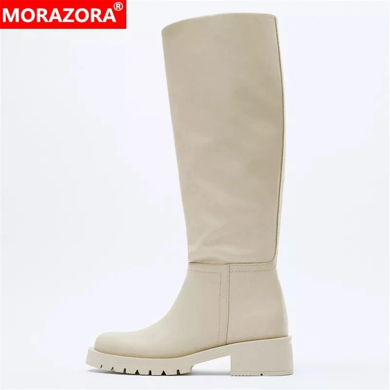 2024 ZA New Fashion Full Genuine Leather Boots Women Slip On Knee High Boots Autumn Winter Straight Knight Botas Size 34-43