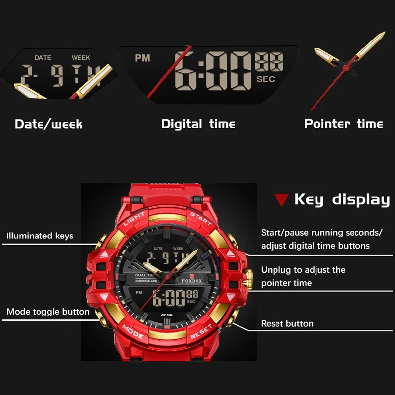 LIGE Sports Brand FOXBOX Mens Digital Wristwatches Fashion Causal Man Watch LED Dual Display 5ATM Waterproof Luminous Relogios