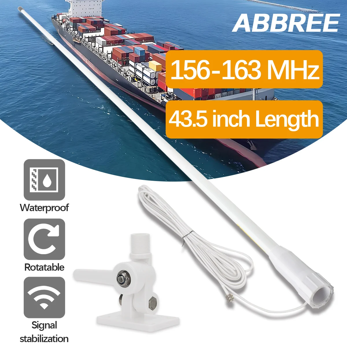 

ABBREE VHF Marine Radio Antenna 156-163MHz Fiberglass High Gain PL259 Connector RG58 Cable Waterproof for Boat Sailboat Yacht