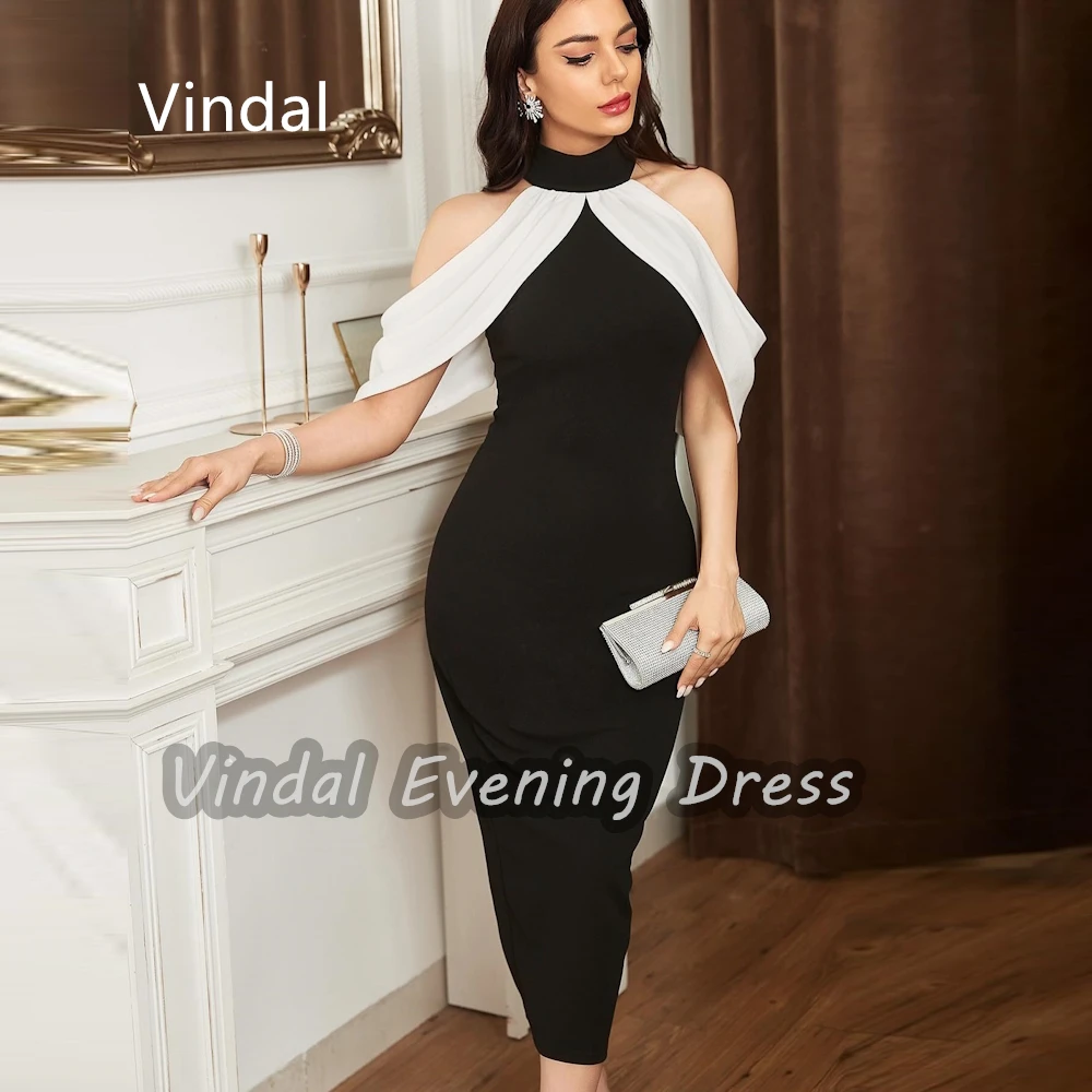 

Vindal Crepe Tea length Beaded O-Neck Sexy luxurious Ruffle Straignt Breast Padding Elegant Short Sleeves السعود For Woman 2024