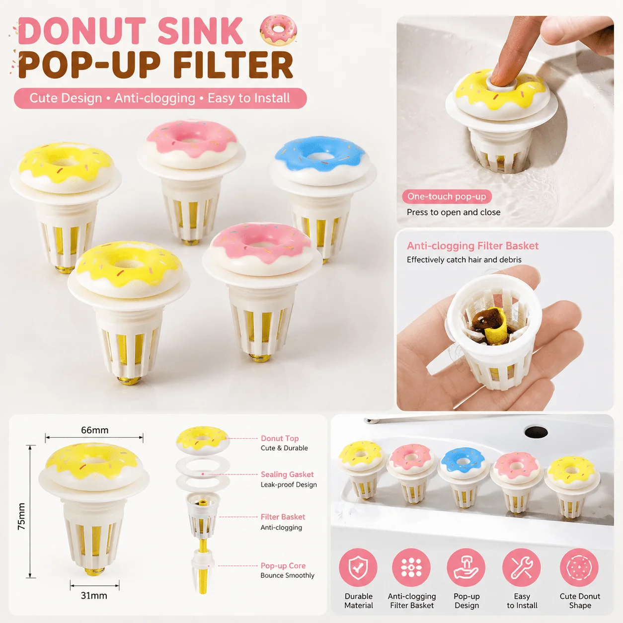 Cute Donut Plastic Basin Pop Up Drain Stopper, Press Type Anti Odor Sink Plug For Bathroom Washbasin