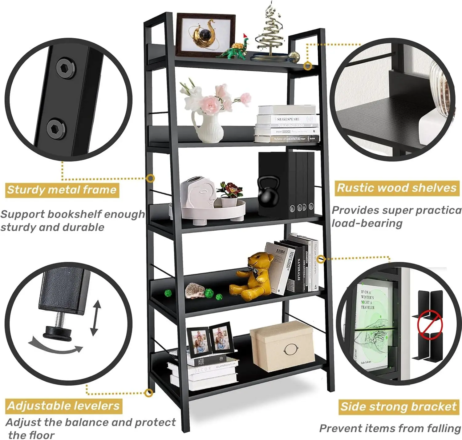 رف كتب سلم مكون من 5 طبقات، رف تخزين أرضي بني ريفي مع إطار معدني، عبوتان لغرفة المعيشة والمكتب المنزلي #5