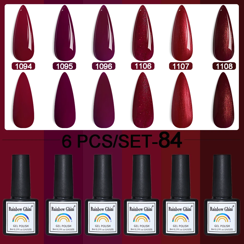 Arco-íris ghini 8ml 6 pçs/set cor roxa série gel verniz embeber uv unha gel polonês rosa glitter unha polonês hema/tpo grátis