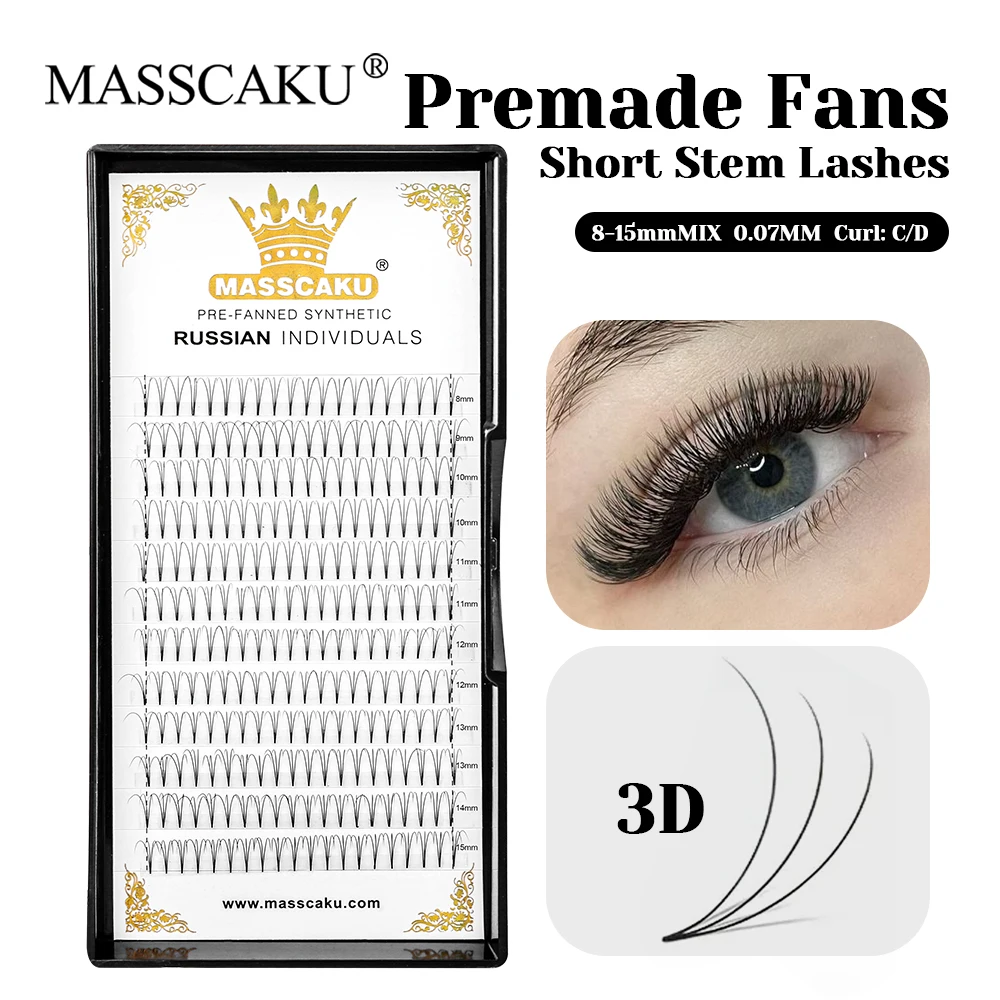 

12 Lines MASSCAKU 3D 4D 5D 6D 10D Short Stem Premade Fans Lashes 0.07/0.10mm Thickness Handmade Fluffy Russian Volume Lash Trays