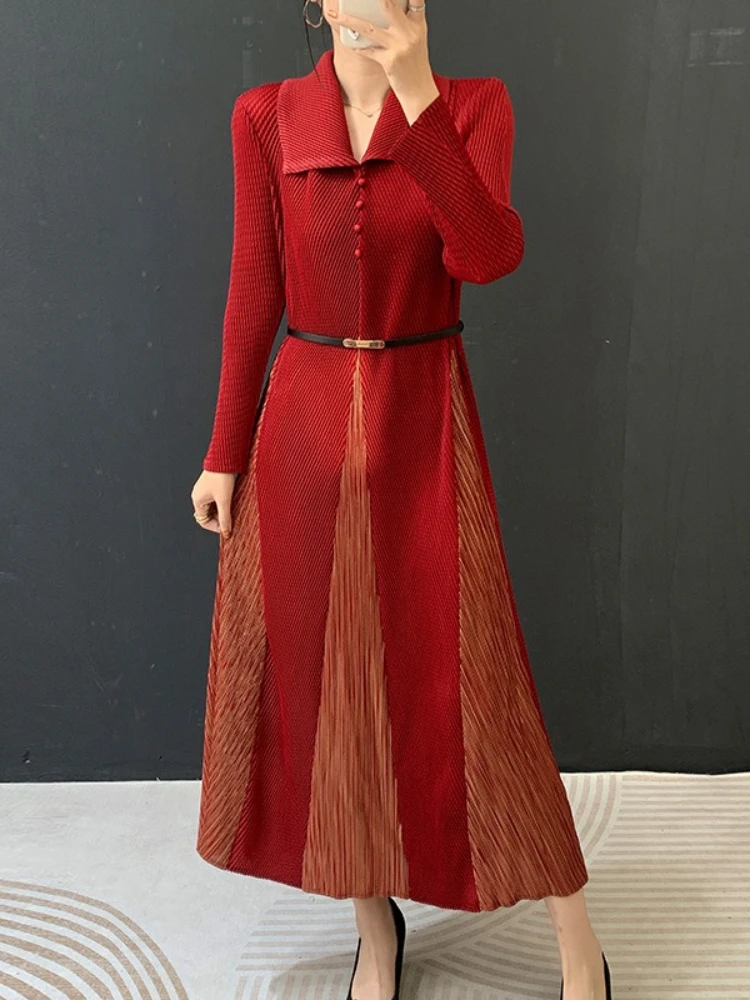 

Модное цветное плиссированное платье EGRM с отложным воротником, длинными рукавами, повседневное, А-силуэт, весна 2026, новинка, 8R3109