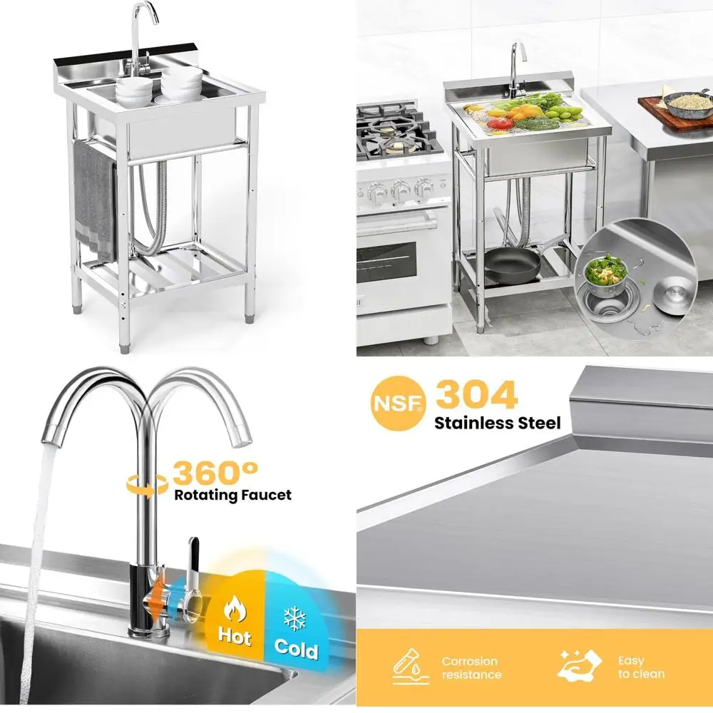 

Free Standing 22 Inch Stainless Steel Single Bowl Utility Sink with Cold and Hot Water Connections for Kitchen and Outdoor Use
