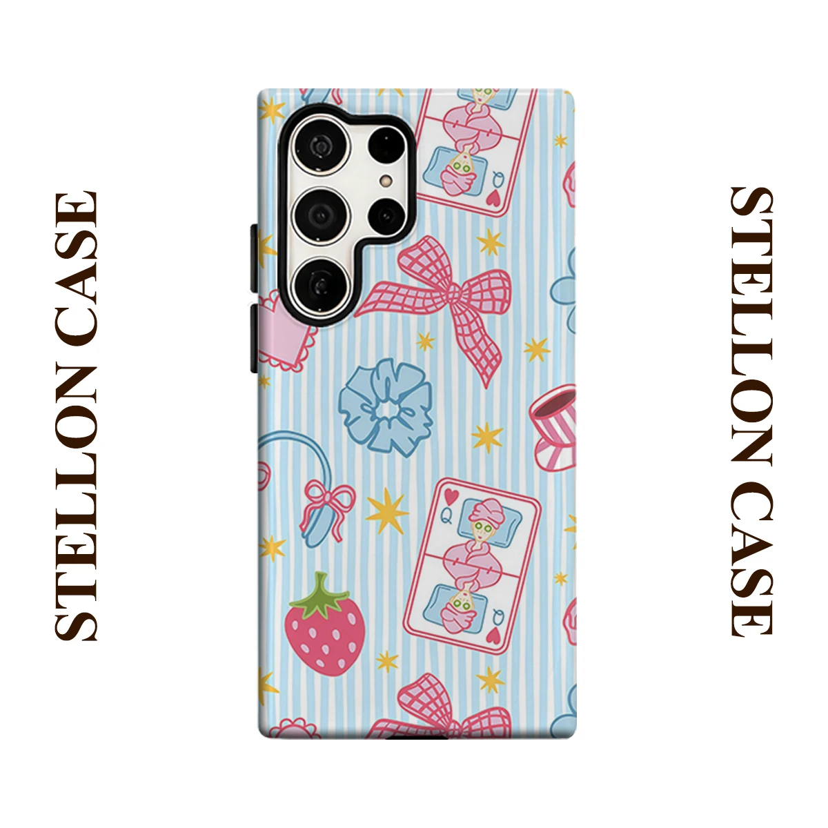 Coquette Strawberry Bow Stripe Phone Case for Samsung Galaxy S25 Ultra S24 S23 Ultra Plus Glossy Double-layer Back Cover