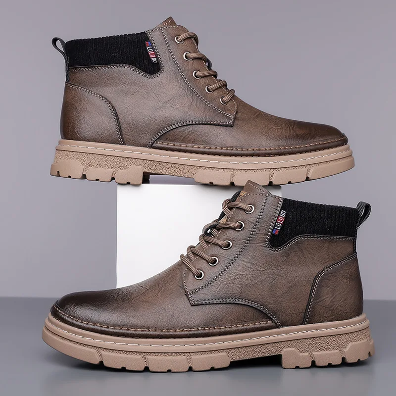 Modische Herren-Winter-High-Top-Schnürstiefel, mit Thermo gefüttert, warmes Leder, Freizeitschuhe, wasserdichte Outdoor-Stiefeletten mit Plateausohle