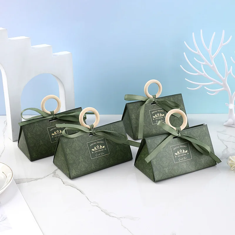 10/20Pcs Luxury Hand Gift Box DIY Sweet Wedding Favor Candy Gift Packaging Box With Wooden Ring Ribbon Engagement Party Supplies