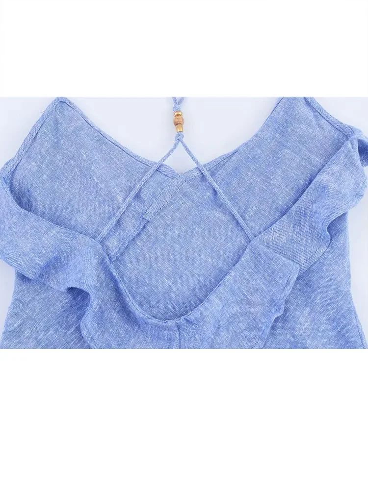 HH Vestido feminino estilo férias de verão com decote em V em camadas assimétrico feminino elegante sexy sem costas alça bainha fenda vestido midi