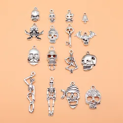 16pcs Antique Silver Color Skull Skeleton Charms Collection For DIY Jewelry Making, 16 Styles, 1 of Each