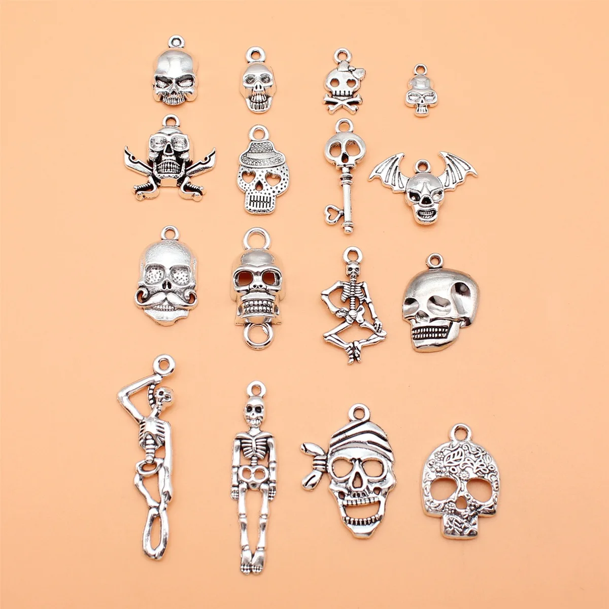16 sztuk antyczne srebro kolor czaszki szkielet Charms kolekcja do samodzielnego tworzenia biżuterii, 16 stylów, 1 każdy