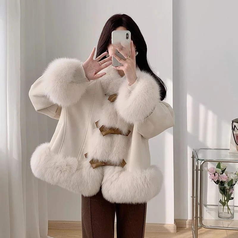 

New Winter Fashion Real Fox Fur Collar Coat for Women Elegant Outerwear 90% White Goose Down Jacket Loose Streetwear