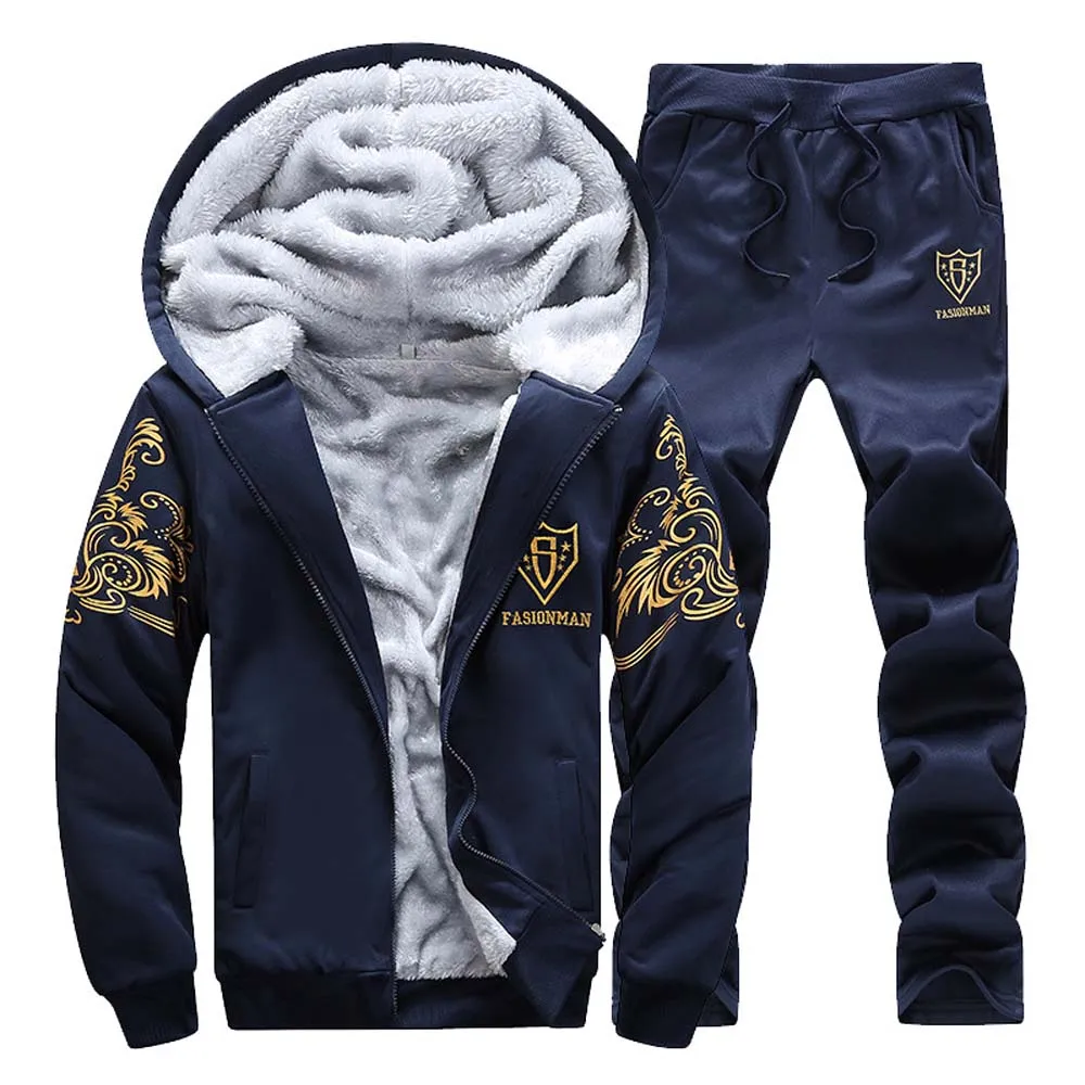 Men\'s Winter Thick Fleece Sports Suit Tracksuit Hooded Zipper Jackets Woolen Trousers Pants Casual Men Set