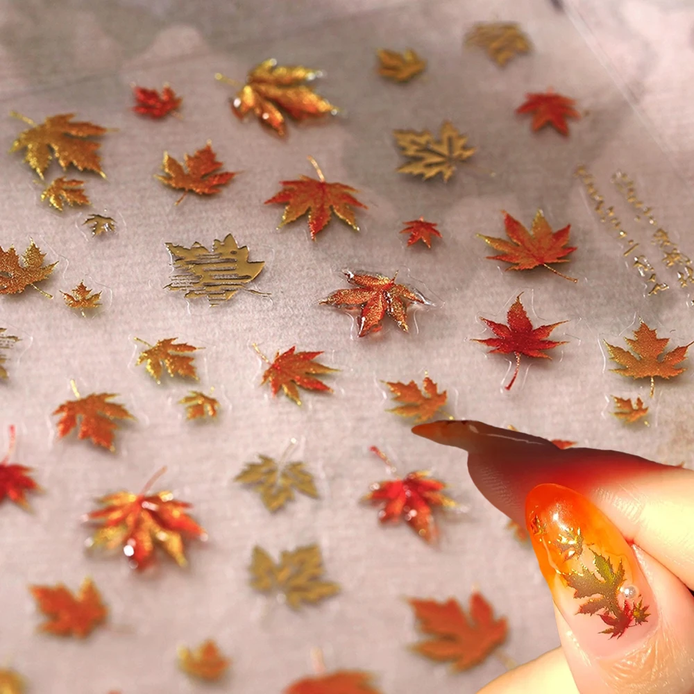 

1Pcs 5D Gold Red Jelly Autumn Maple Leaf Story Nail Sticker Elegant Gold Stamping Fall Leaves Nail Decals Maple Leaf Nail Slider