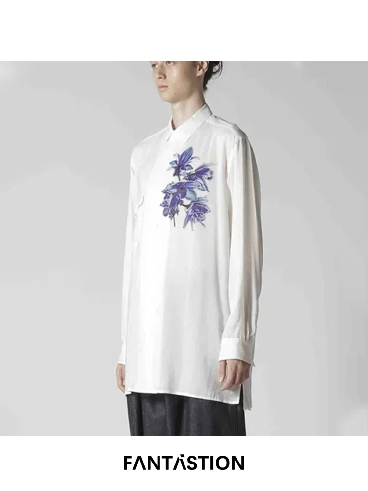 

FANTASTION blue flower print shirt with oriental flair Unisex long loose sleeve oversized top for casual shirts daily wear