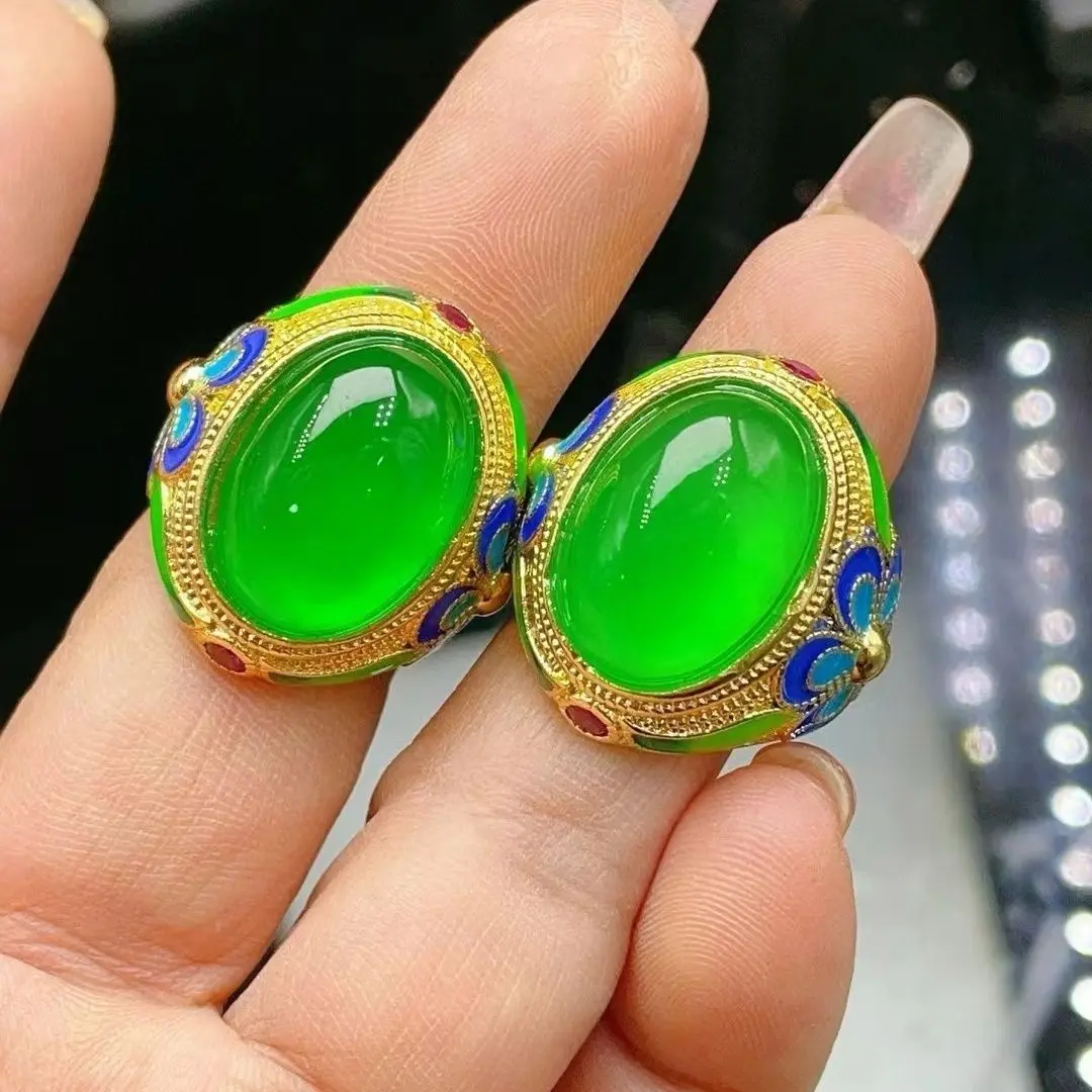 

Vintage high ice full green egg surface jadeite ring Myanmar jadeite inlaid enamel emperor green jadeite treatment ring