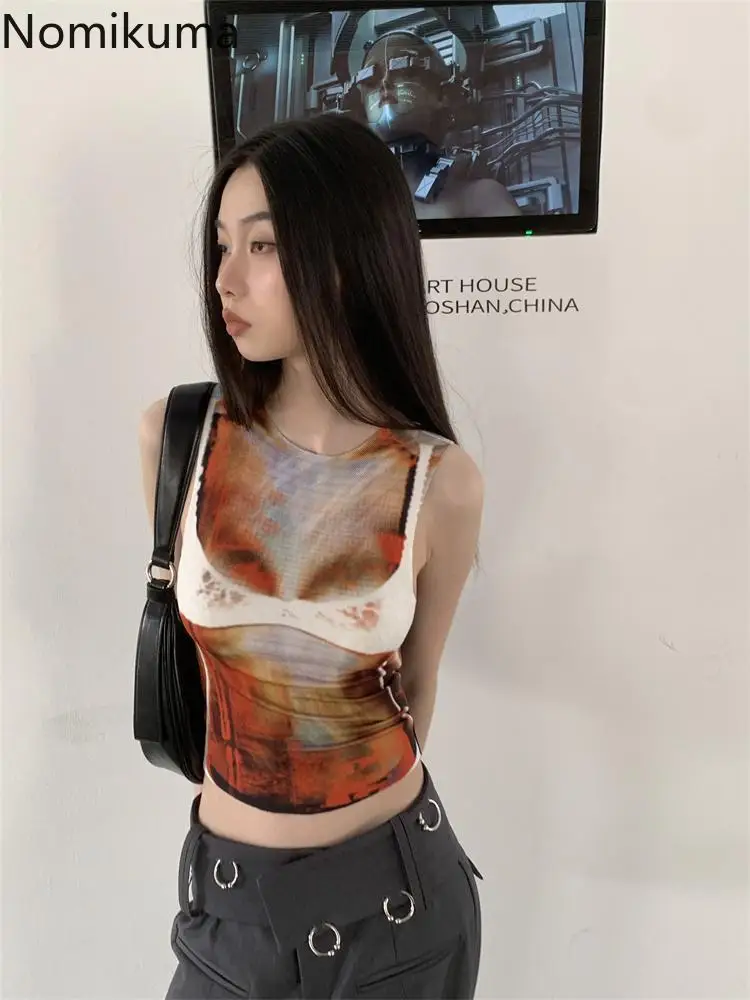 Fashion Summer Crop Tops Temperament Print Tanks Women\'s Clothing Sleeveless Tunic Gauze Vest Sexy Vintage Camis 2023 Ropa Mujer