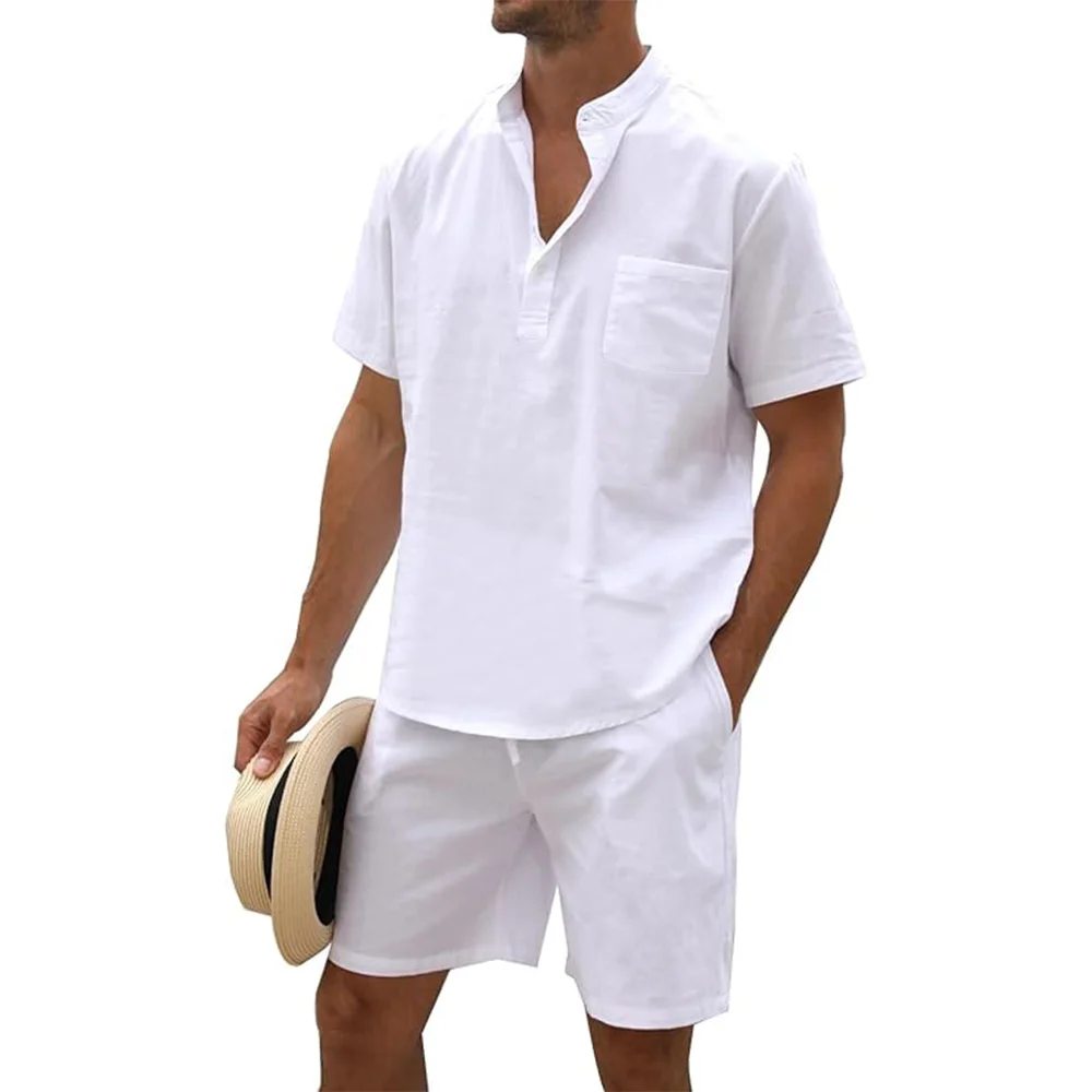 2Pcs Sets Men\'s Cotton Linen Set Henley Shirts Shorts Outfits Beach T-shirt Vacation Matching Suit Summer Wear Short Sleeve