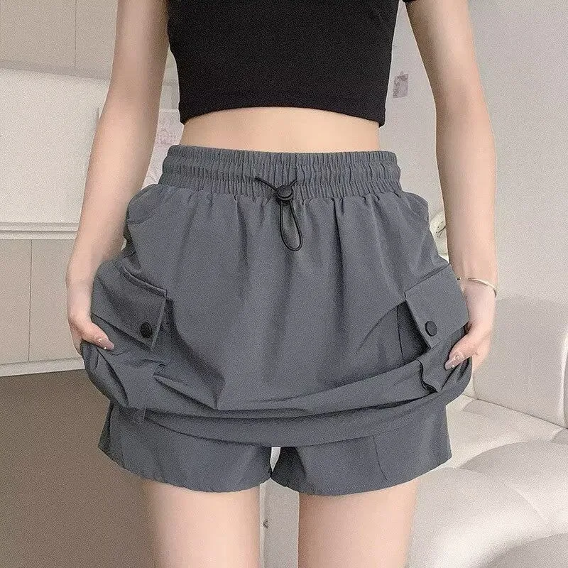 Grau Arbeitskleidung Mini Rock Frauen Sommer Dünne Hohe Taille A-Line Breite Bein Abnehmen Schnell Trocken Kurzen Rock Hosen Frauen Streetwear