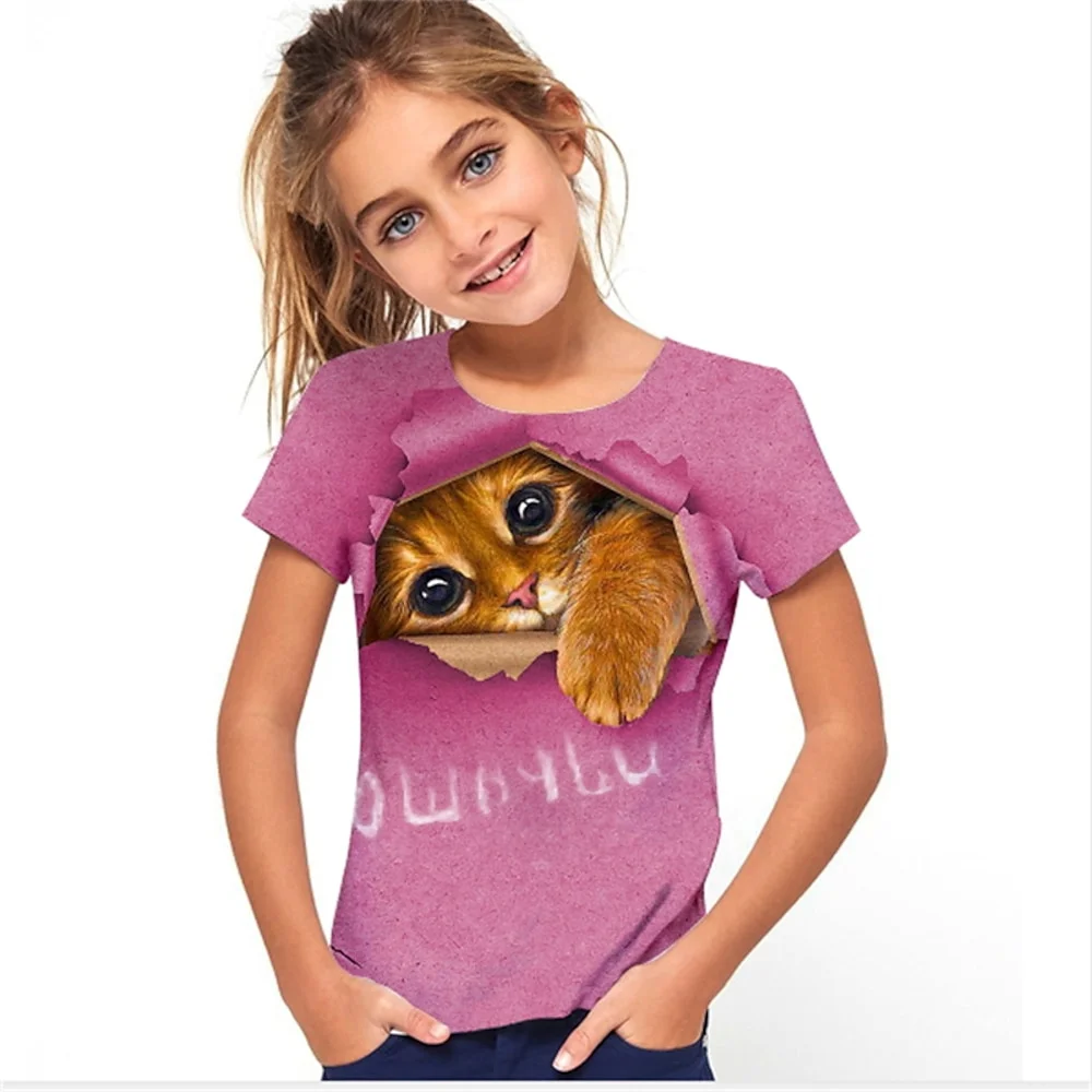 Camiseta con estampado 3d de gato para niñas, camisetas con bonitos viñetas de animales para niñas, camiseta de regalo para niños, Top informal de manga corta, ropa para niños 2025