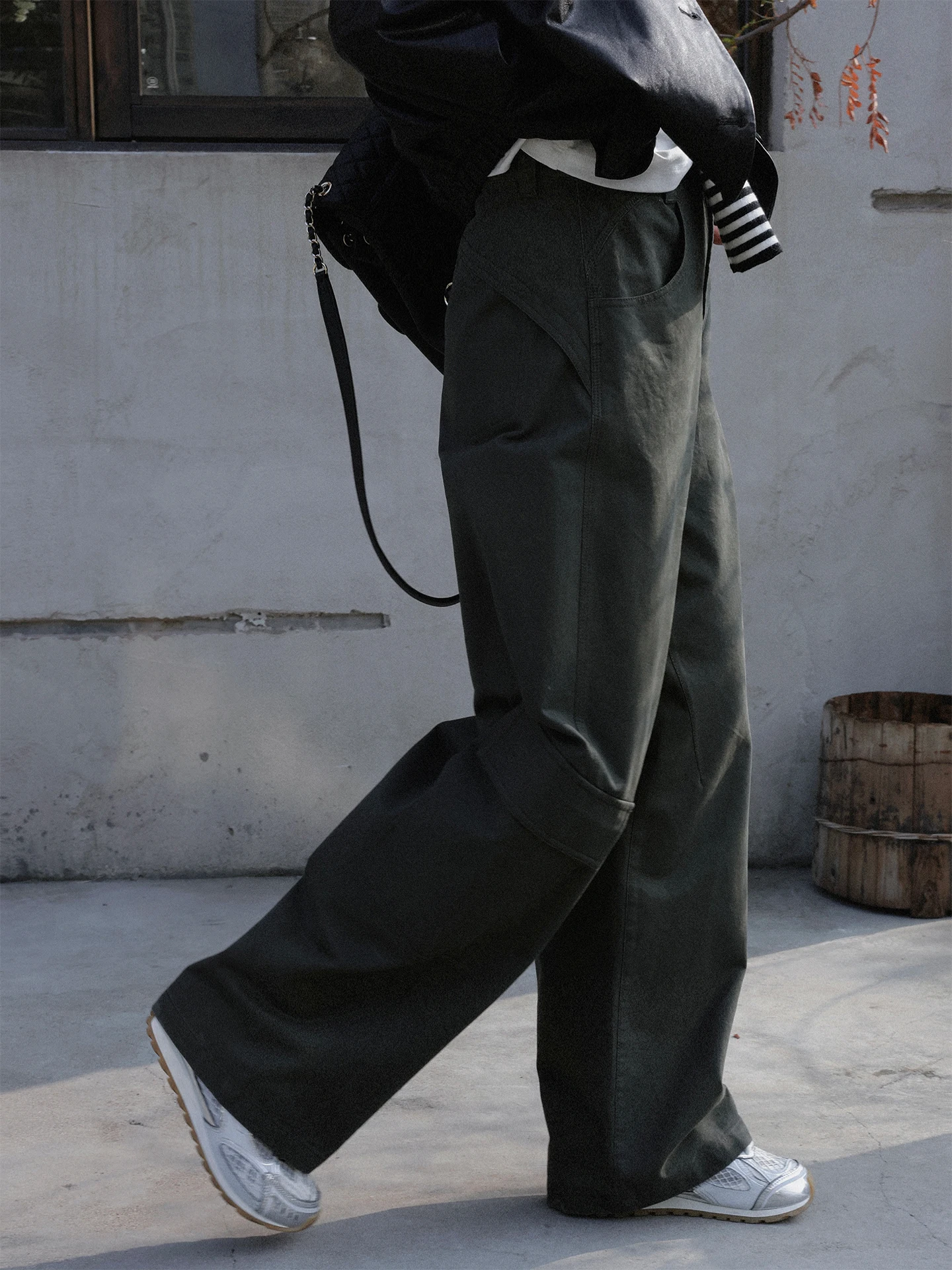 

TT American Retro Cotton Work Trousers Women's Spring Slim Straight Wide Leg Jeans l Waist Zipper Closure