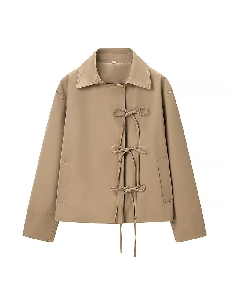 HH Woman Elegant Turn-down Collar Long Sleeves Winter Bow Lace-up Decoration Jackets Female Casual Pocket Solid Short Coat