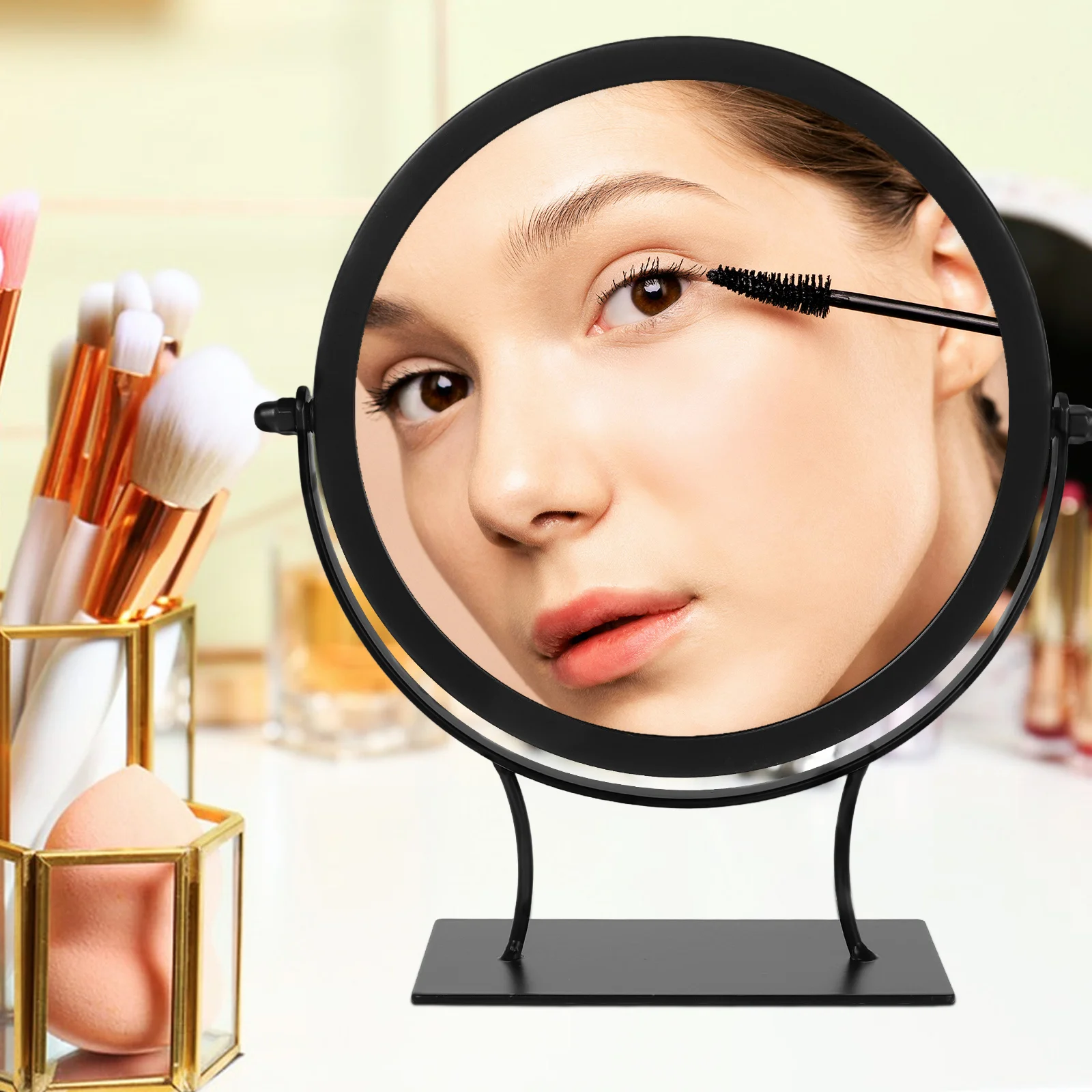 Espelho de maquiagem de mesa, estrutura de ferro, superfície transparente rotativa, base estável para penteadeira, quarto, vaidade, pequeno, ajustável