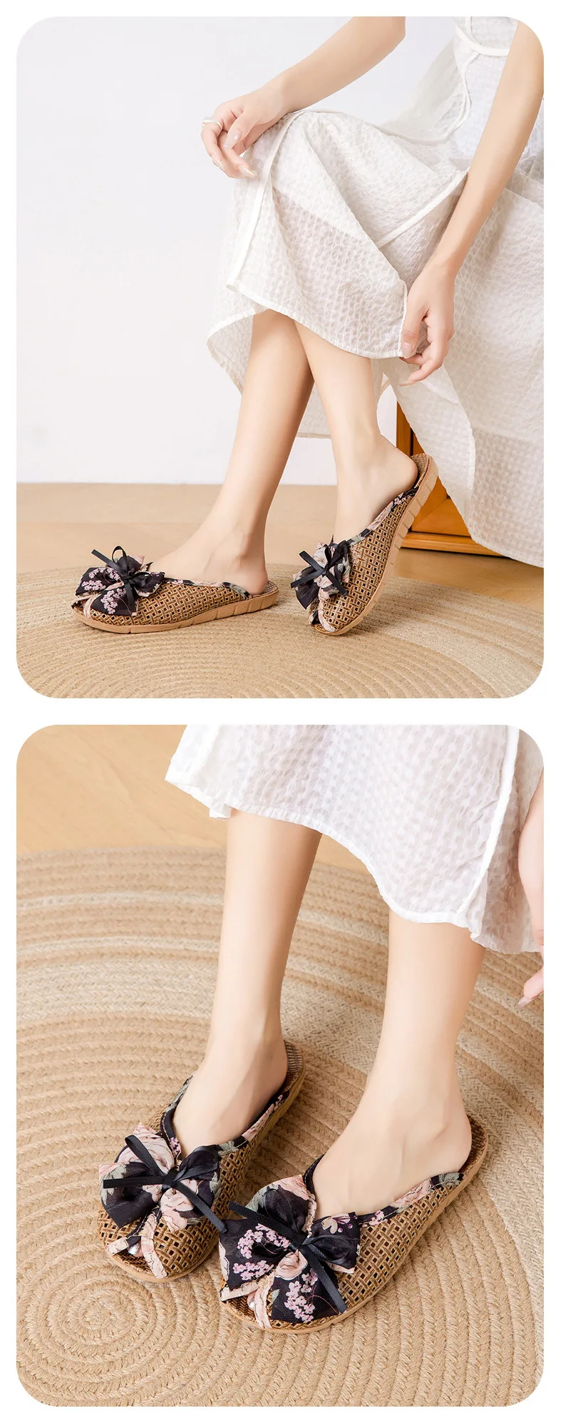 Rattan-Hausschuhe mit Fliege – niedliche Hausschuhe im koreanischen Stil, rutschfeste, atmungsaktive Innensandalen mit weicher Sohle für den Sommer – Detail 13