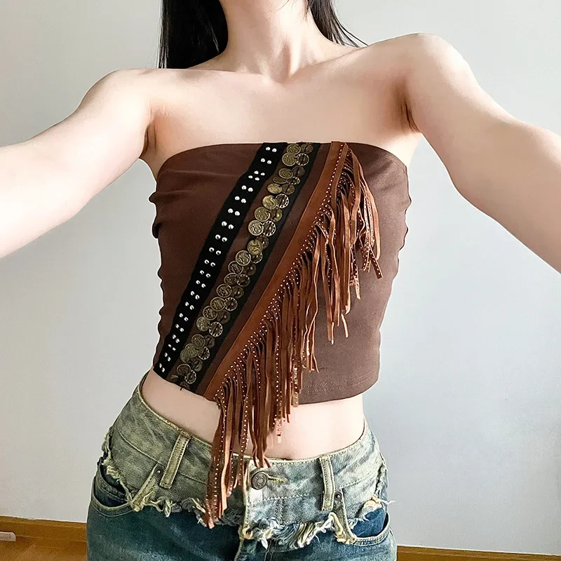 metal retro decoration, hairy beard edge, strapless, wasteland, spicy girl, slim fit, inner vest, top