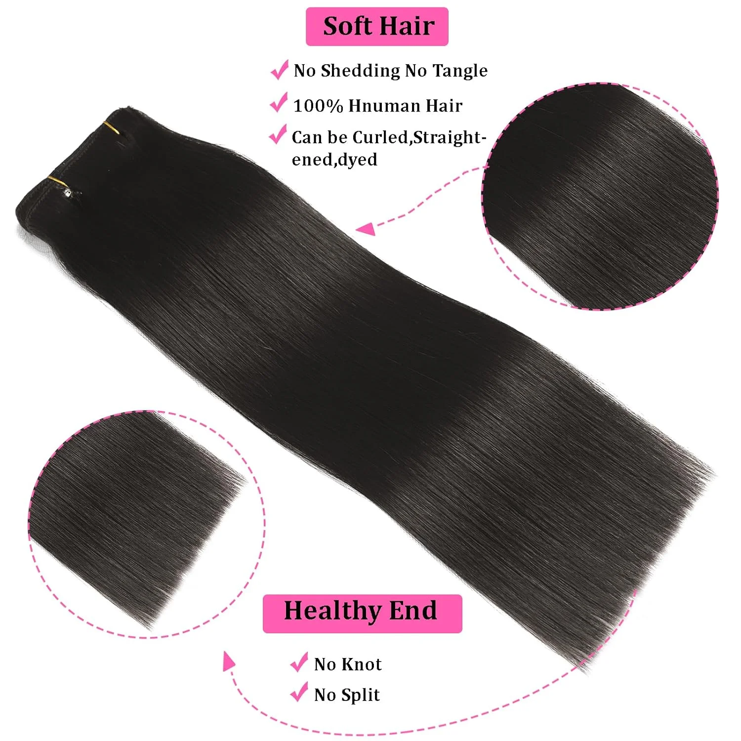 Extensiones de cabello con Clip negro Natural de 24 pulgadas, cabello humano Real, 100% extensiones de cabello humano Remy, liso y sedoso suave