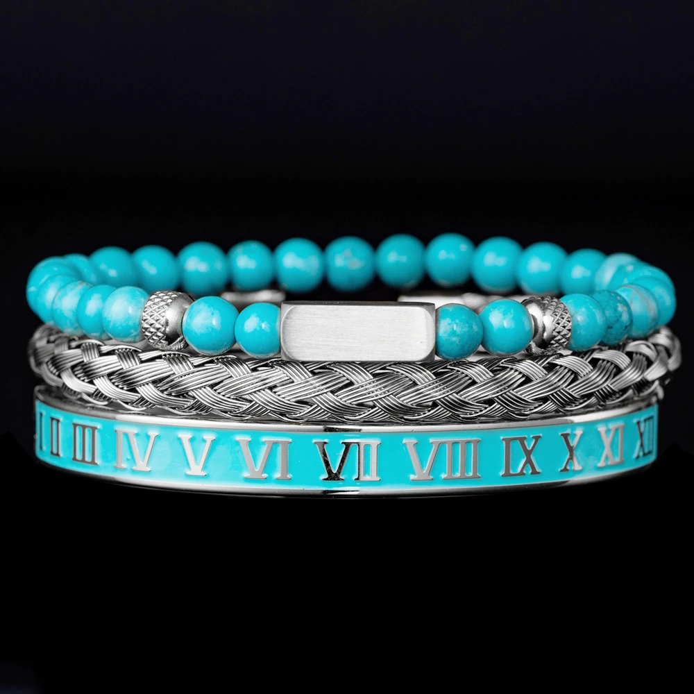 Luxury Set Men Simple Block Handmade Bracelets Enamel Roman Numeral Bangles Rope Buckle Turquoise Stone Beads Jewelry Pulseras