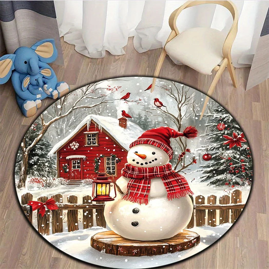 Vintage Winter Snow Scene Circular Area Rug  Xmas Snowman Red Plaid Scarf Anti Slip Round Rug for Festive Bedroom Entryway