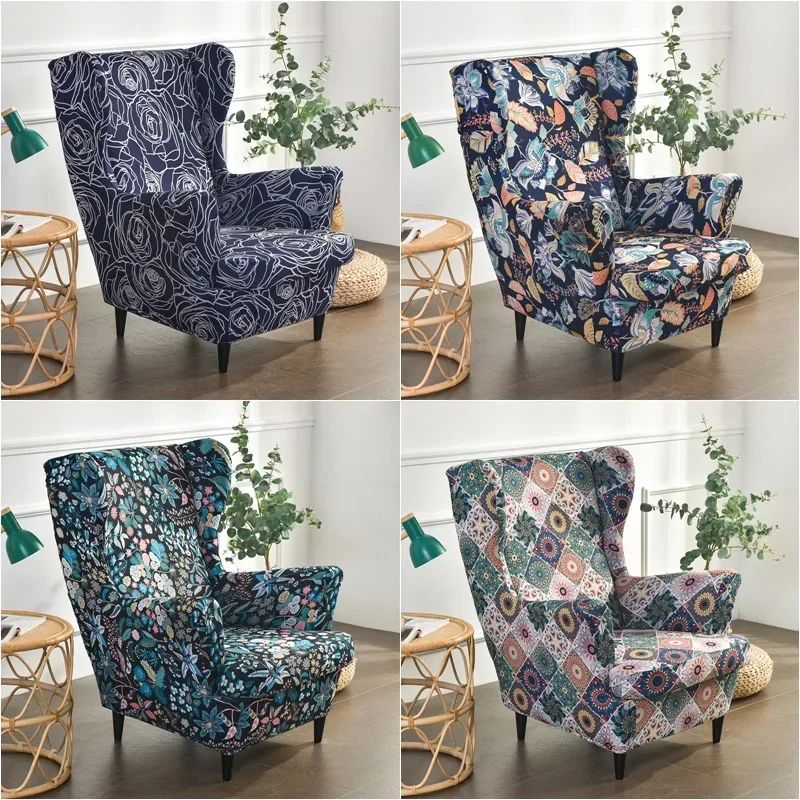 

Bohemia Style Wing Chair Cover Stretch Spandex Armchair Cover Relax Sofa Slipcovers With Seat Cushion Covers Footstool Covers