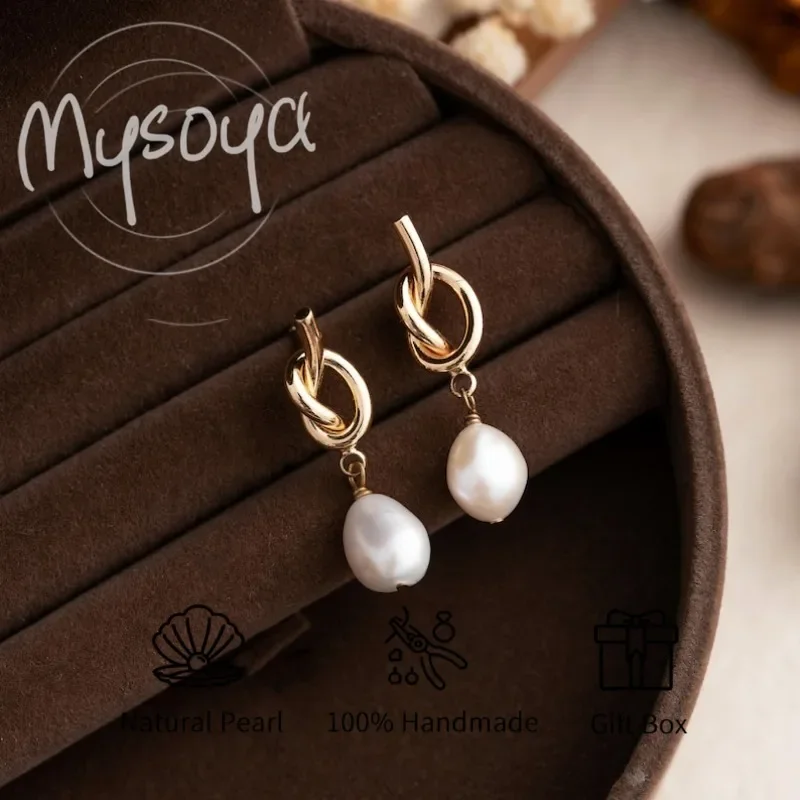 

MYSOYA White Baroque Freshwater Pearl Knot Earrings 8-9mm With Gift Box Birthday/Wedding/Christmas/New Year Gift For Her/Him