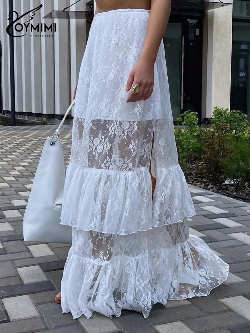 

Oymimi, повседневная белая кружевная женская юбка, модные полупрозрачные юбки с высокой талией и рюшами, элегантные юбки длиной до пола с боковым разрезом