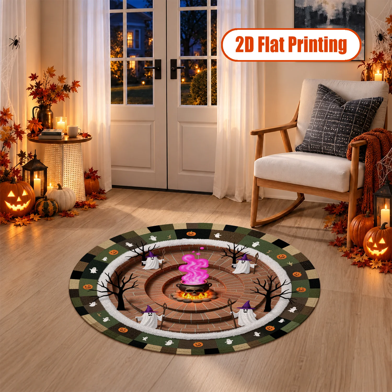Halloween Ghost Pumpkin Pattern Round Velvet Rug, Machine Washable, Stays In Place, Ideal for Living Room, Bedroom, Entryway, Dining Area, Perfect for Halloween, Thanksgiving, Christmas, Black Friday, Cyber Monday, New Year Home Decor