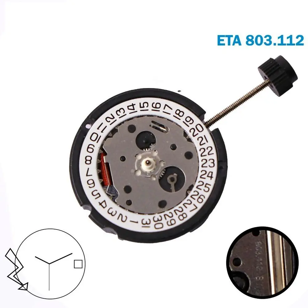 

803.112 Movement ETA 803.112 Movement Quartz Movement, 3 Hands, White Date Disk 3 Brand New Original movement
