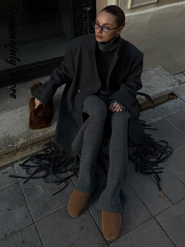 

Fashion Grey Tassel Lapel Woolen Coats Women Shoulder Pad Full Sleeve Bouble Breast Coat 2025 Autumn Winter Lady Streetwears