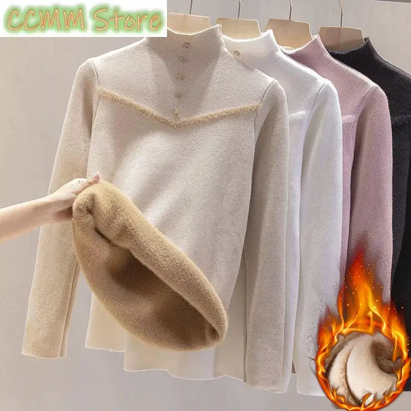 Women Winter Mock Neck Plush Lined Sweater Casual Thicken Warm Knit Tops Korean Slim Pullover Soft Plus Velvet Knitwear Jumper